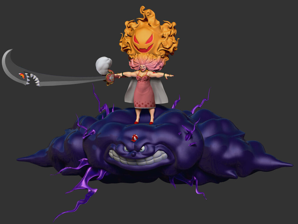 Charlotte Linlin from One Piece on dark cloud creature with purple lightning 3D wallpaper