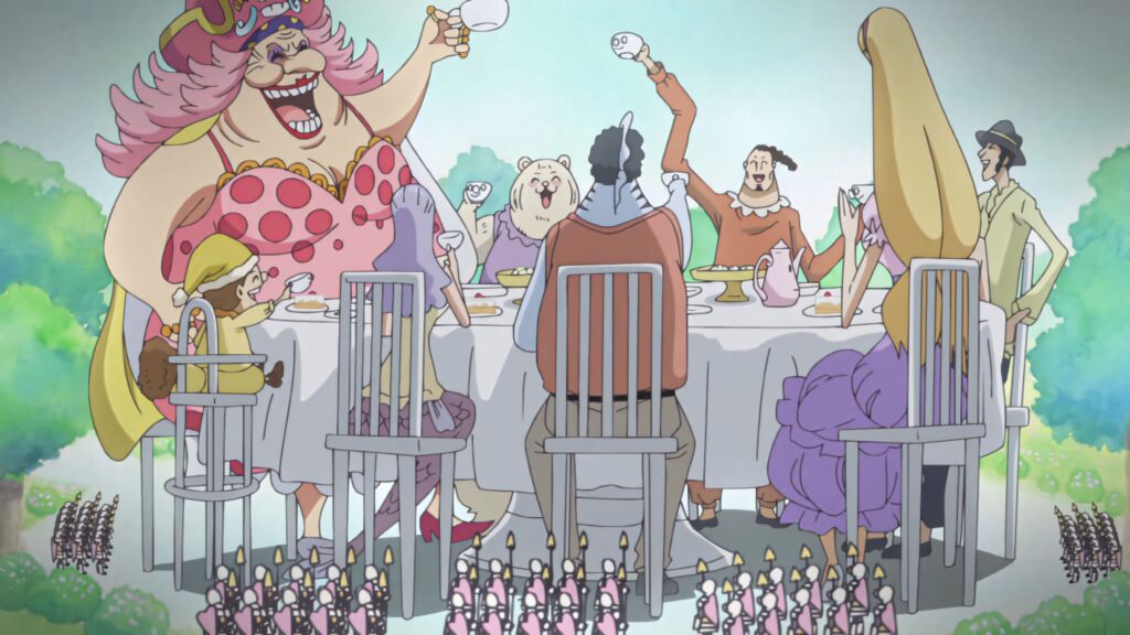 Charlotte Linlin One Piece wallpaper at whimsical tea party with colorful anime characters background