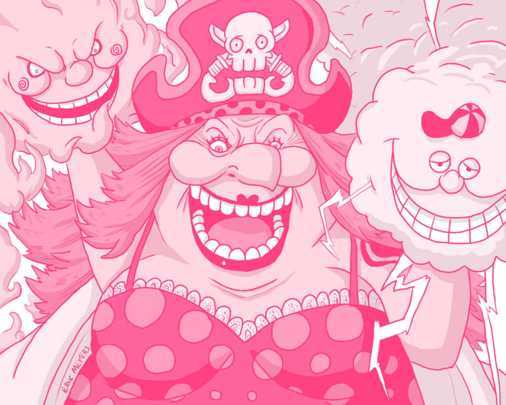 Charlotte Linlin Yonko from One Piece with Prometheus and Zeus in bold pink comic style background Wallpaper