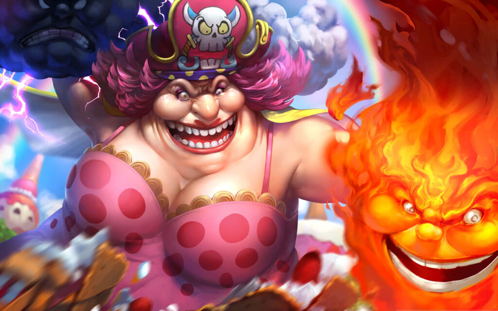 Charlotte Linlin One Piece wallpaper dynamic anime arts vibrant flames and swirling clouds background