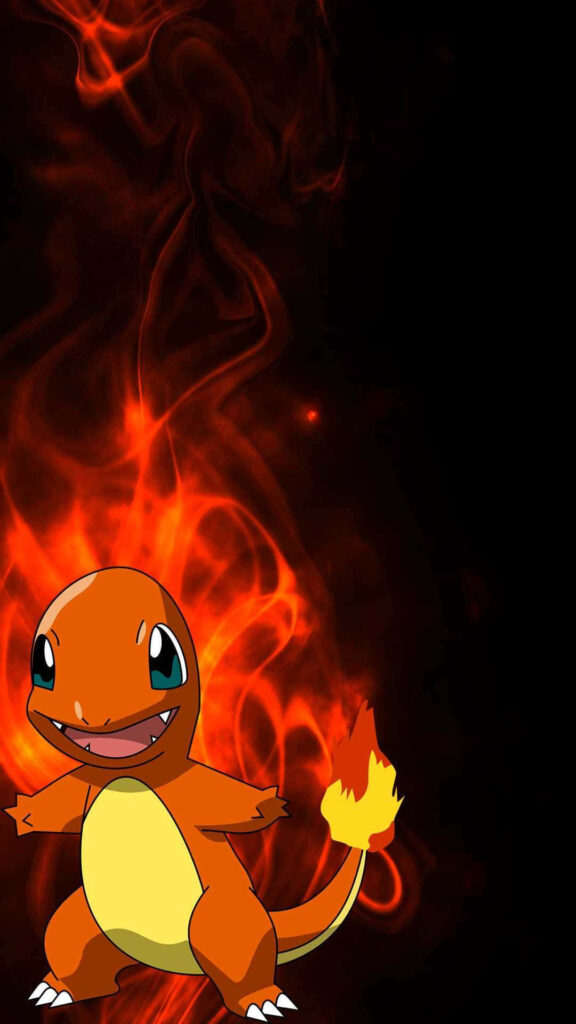 Vibrant iPhone XS Max wallpaper of Charmander with red flames on black background fiery tail