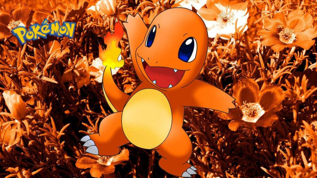 Charmander smiling among colorful spring flowers with fiery tail in vibrant Pokémon wallpaper