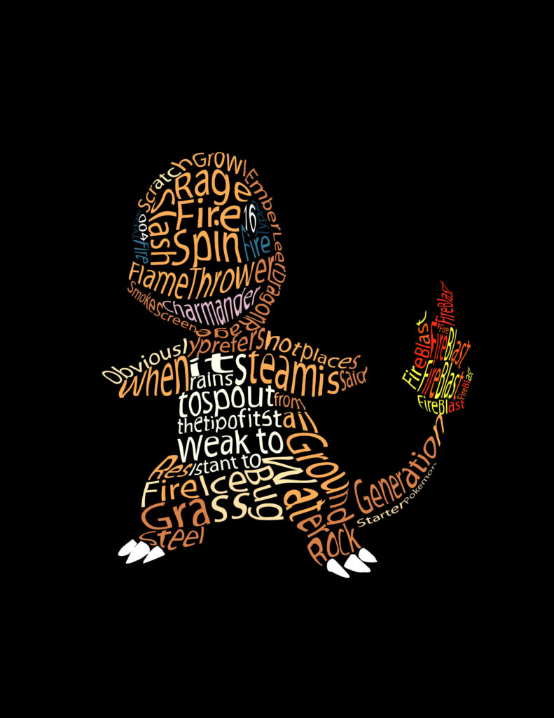 Charmander made from colorful Pokémon move text in fiery orange red yellow on black background wallpaper