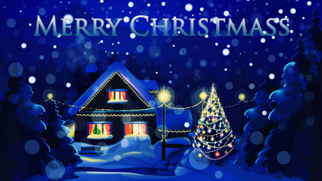 3D Christmas Scene Wallpaper: Cozy Village & Decorated Tree