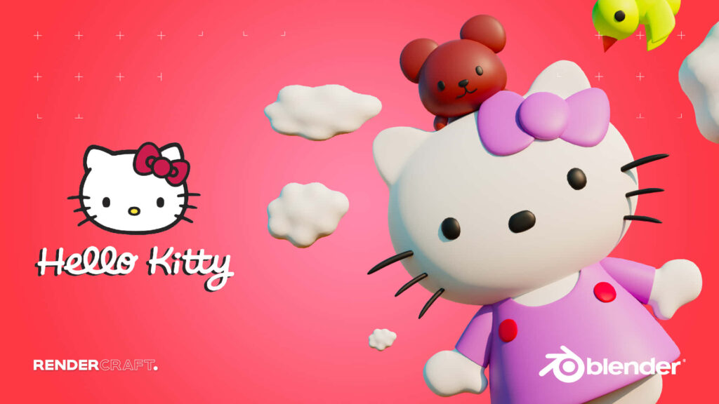 Charming 3D Hello Kitty Wallpaper with Pink Dress & Cloud Background