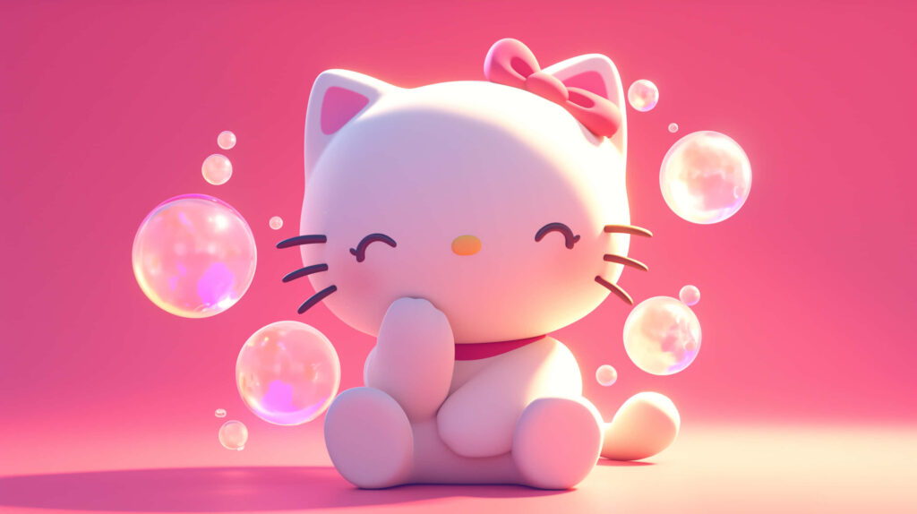 Whimsical 3D Hello Kitty Wallpaper with Bubbles on Pink Background