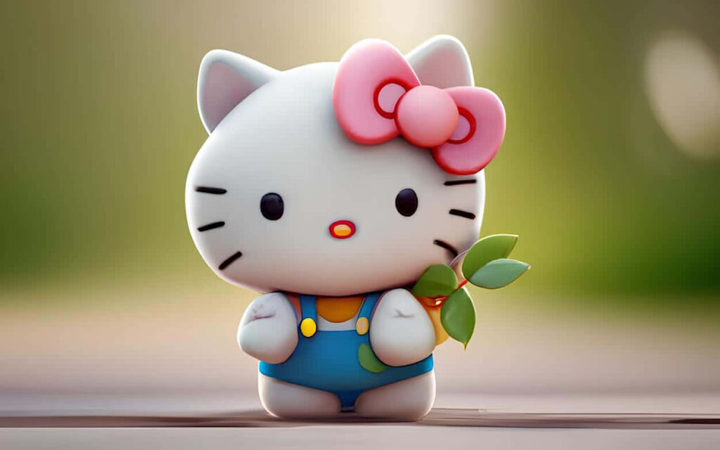 Charming 3D Hello Kitty in Blue Overalls: Whimsical Nature Wallpaper