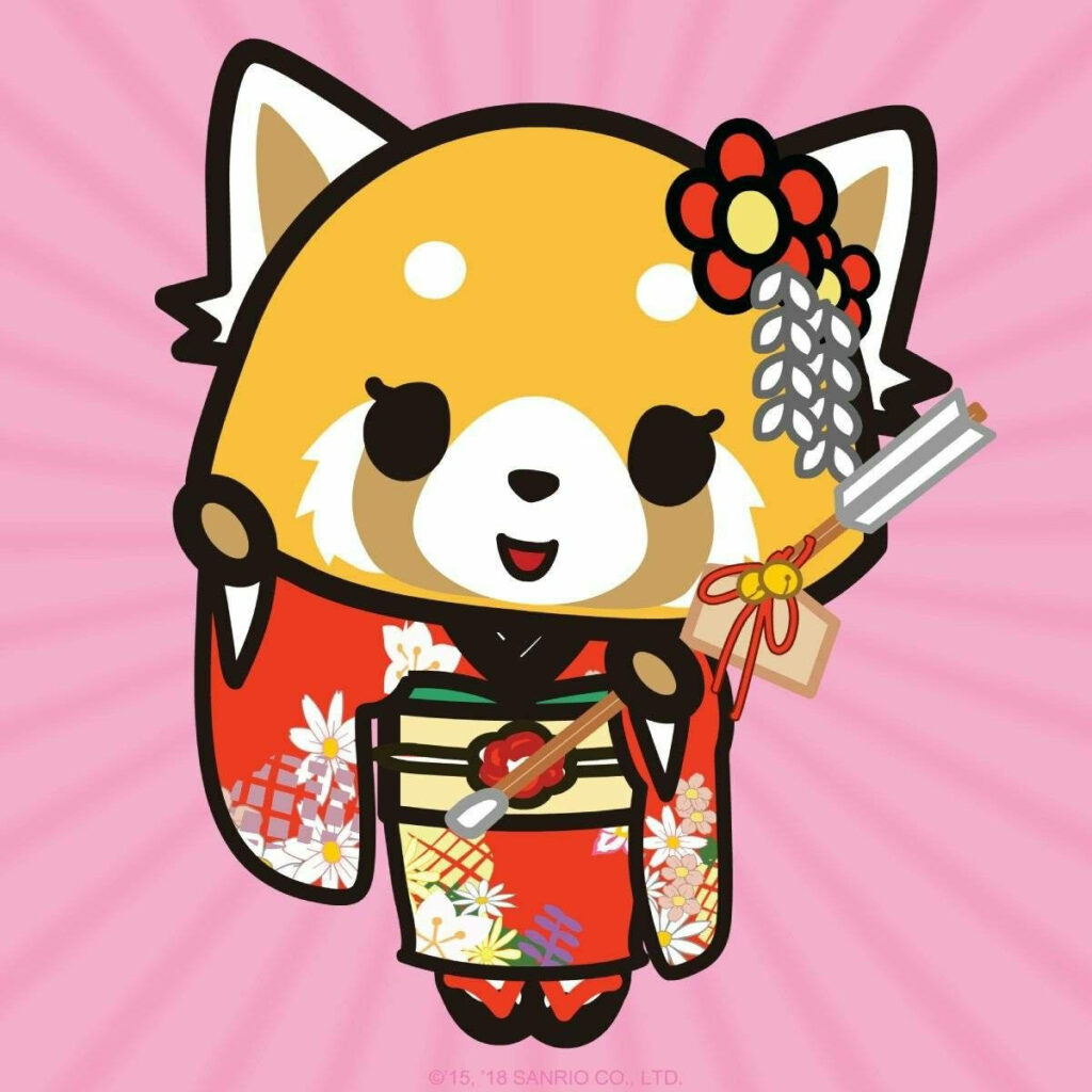 Charming Aggretsuko Wallpaper: Red Panda in Kimono on Pink Background