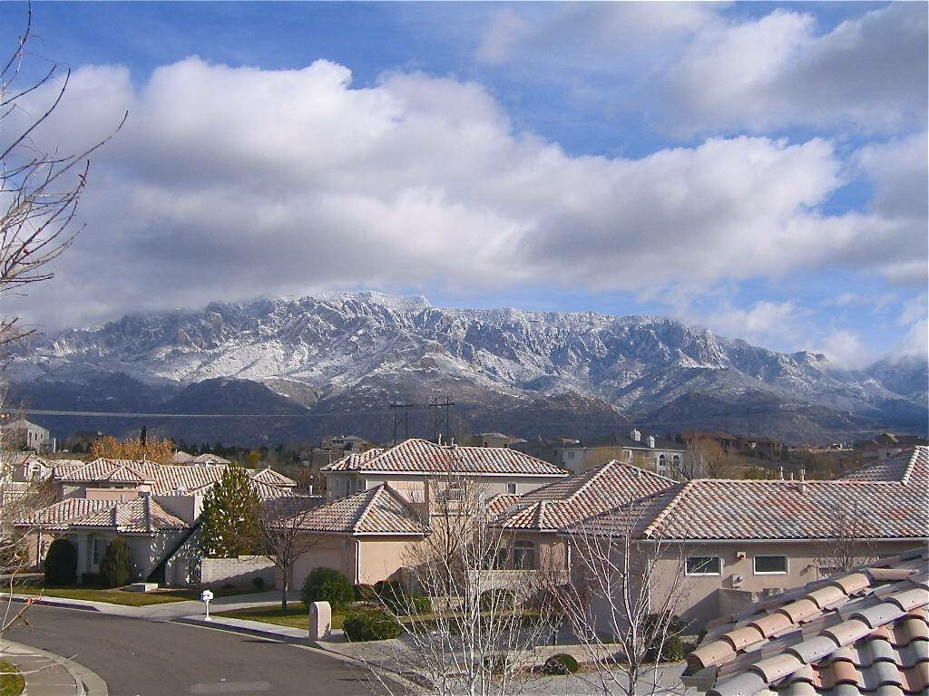 Charming Albuquerque Suburb with Snowy Mountains - Scenic Wallpaper