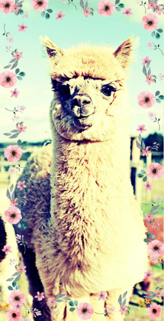Charming alpaca in sunlit field with delicate pink flower border playful wallpaper background