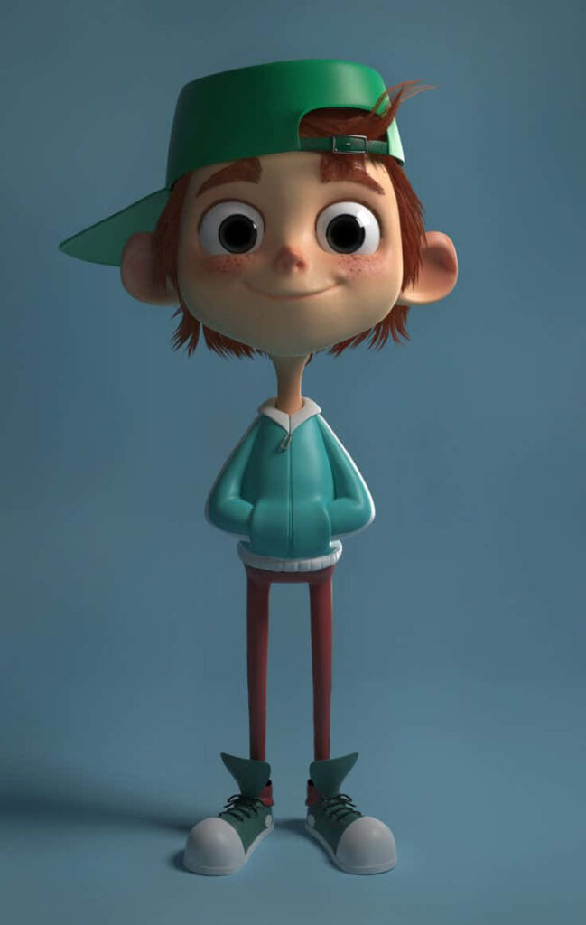 Charming Animated Character in Green Cap & Teal Hoodie on Blue Background Wallpaper