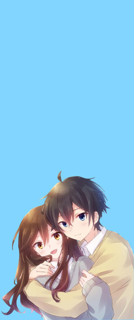 Animated Couple Embrace on Sky-Blue Wallpaper | Charming Art