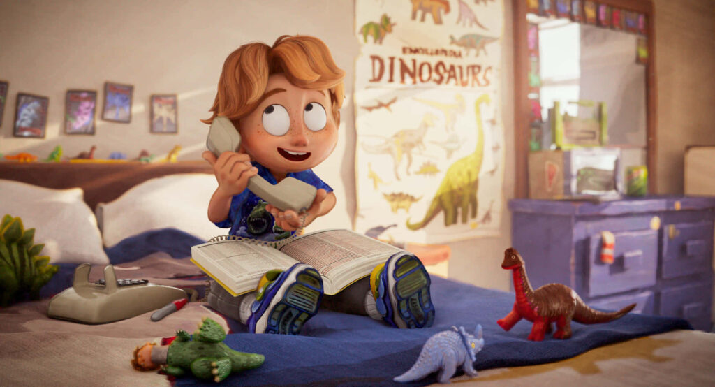 Cheerful Child Chatting Among Dinosaur Toys - Animated Wallpaper