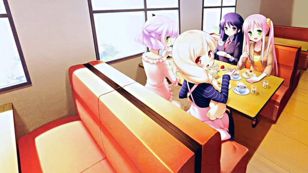 Charming Anime Cafe Wallpaper - Cozy Scene with Cheerful Characters