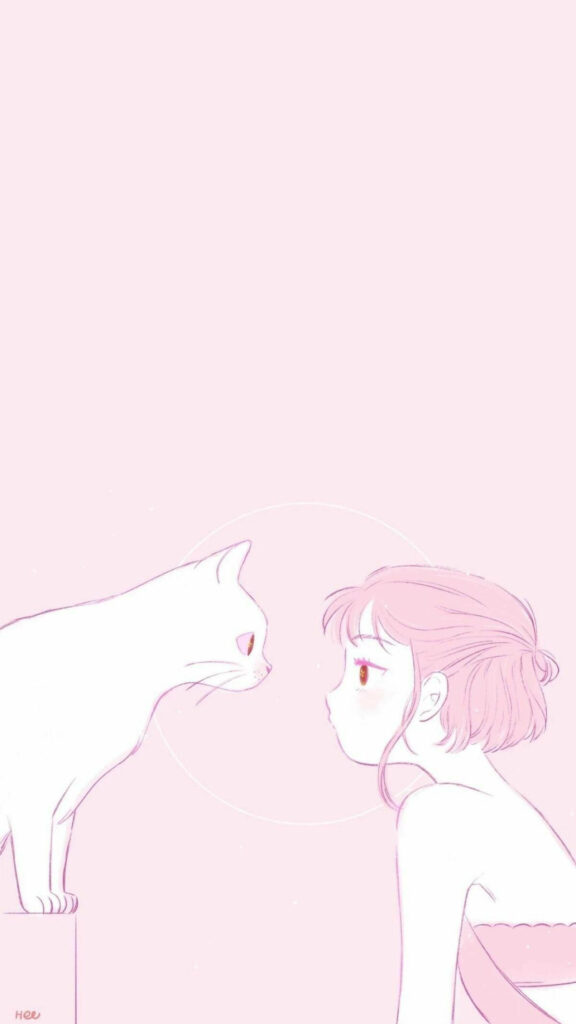 Charming Anime Cat and Owner Pink Wallpaper - Aesthetic Background