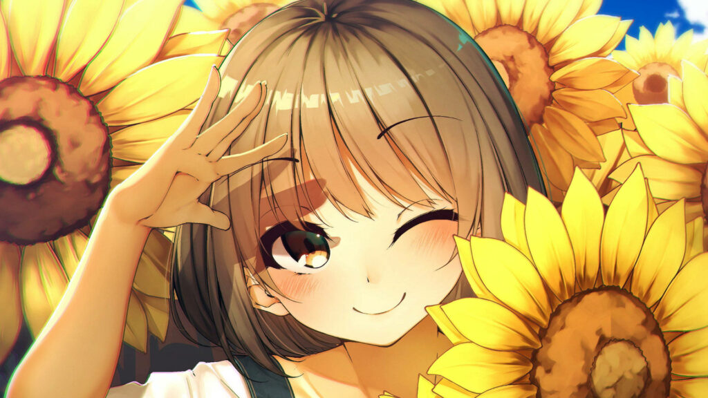 Cheerful Anime Character Among Bright Sunflowers - Uplifting Wallpaper