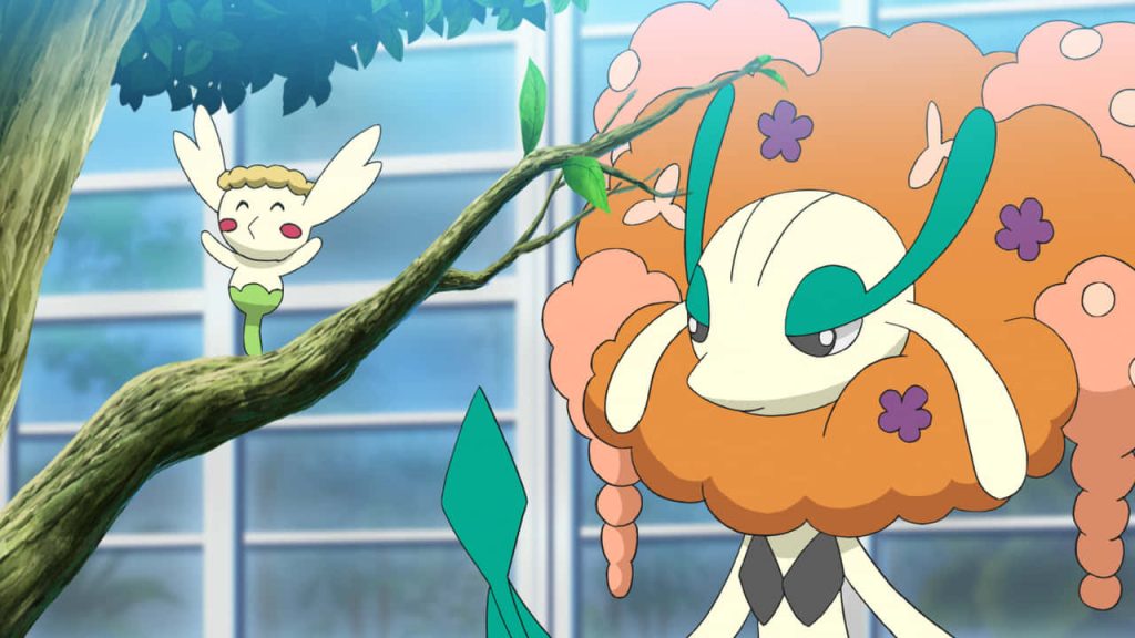 Happy Flabébé and Orange Flower Florges on tree branch vibrant fairy-type Pokémon wallpaper