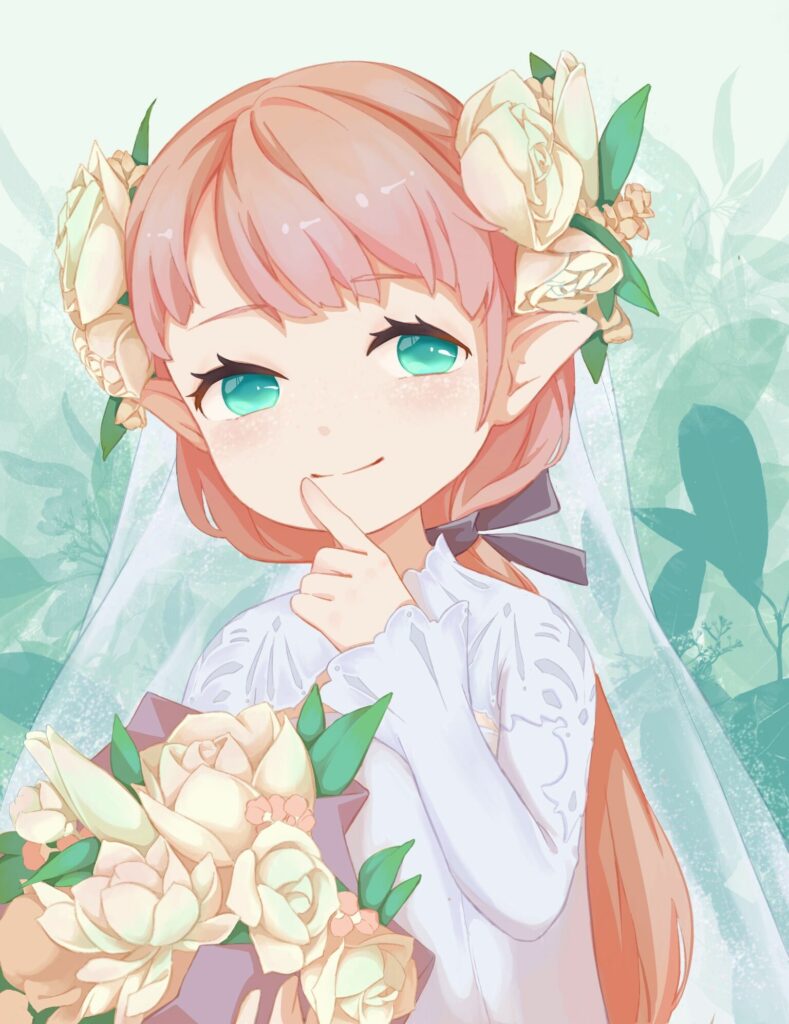 Anime Bride Wallpaper: Gentle Smile & Pastel Floral Background