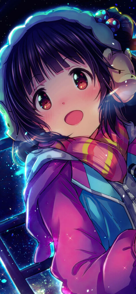 “Vibrant Anime Girl Phone Wallpaper with Starry Night Background”