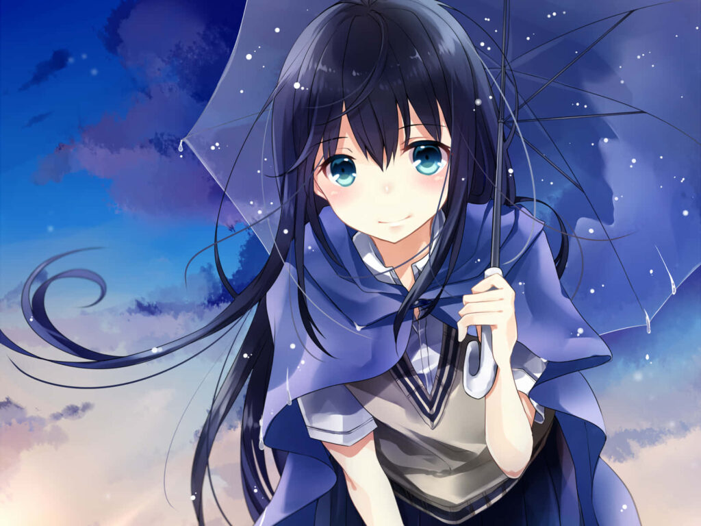 Charming Anime Girl with Umbrella Under Clear Evening Sky - Wallpaper