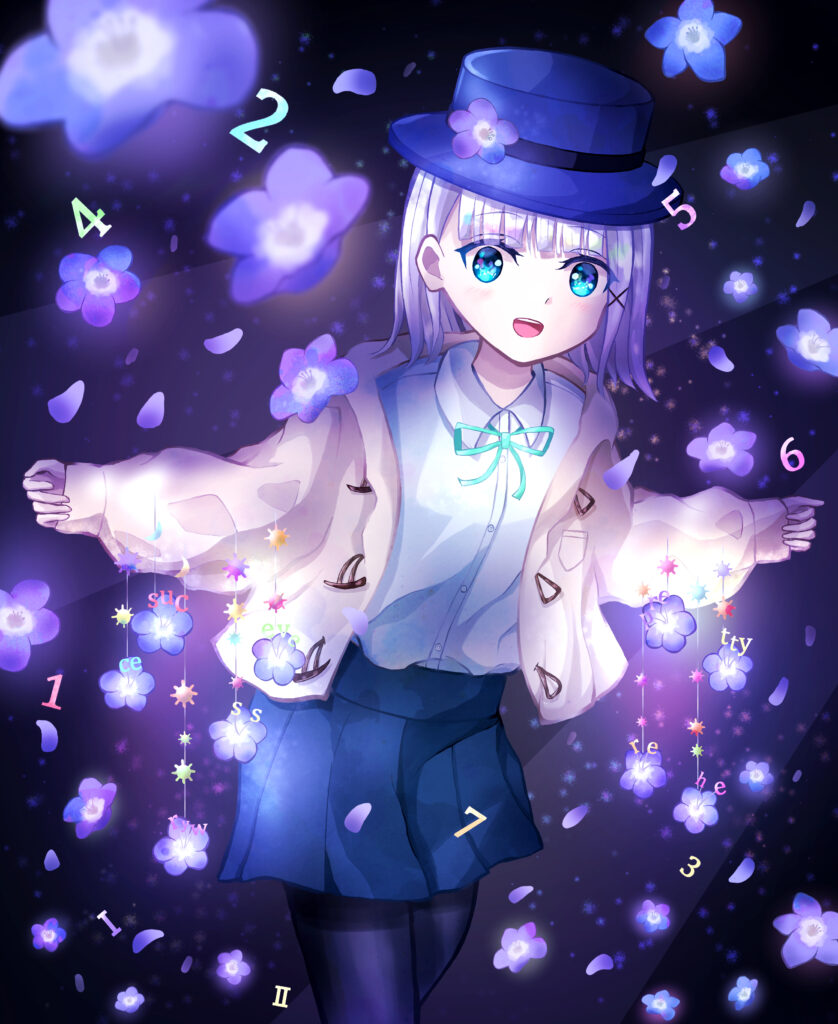 Whimsical Anime Girl with Blue Eyes in a Magical Floral Scene Wallpaper