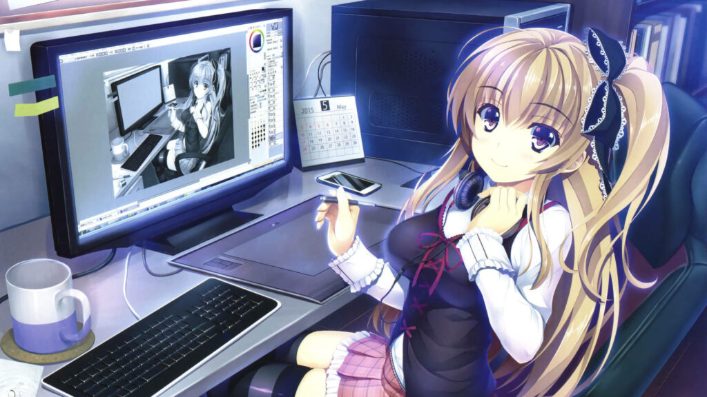 Charming Anime Girl at Modern Desk - Cozy HD Wallpaper Background