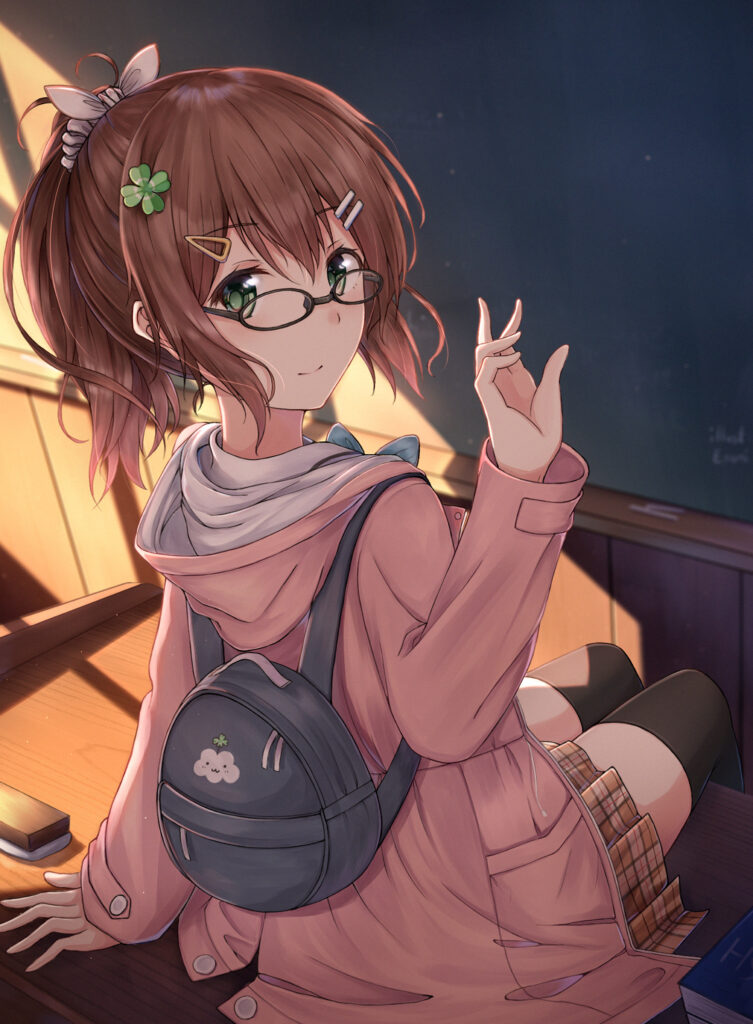 Charming Anime Girl with Glasses in a Cozy Pink Outfit - Wallpaper
