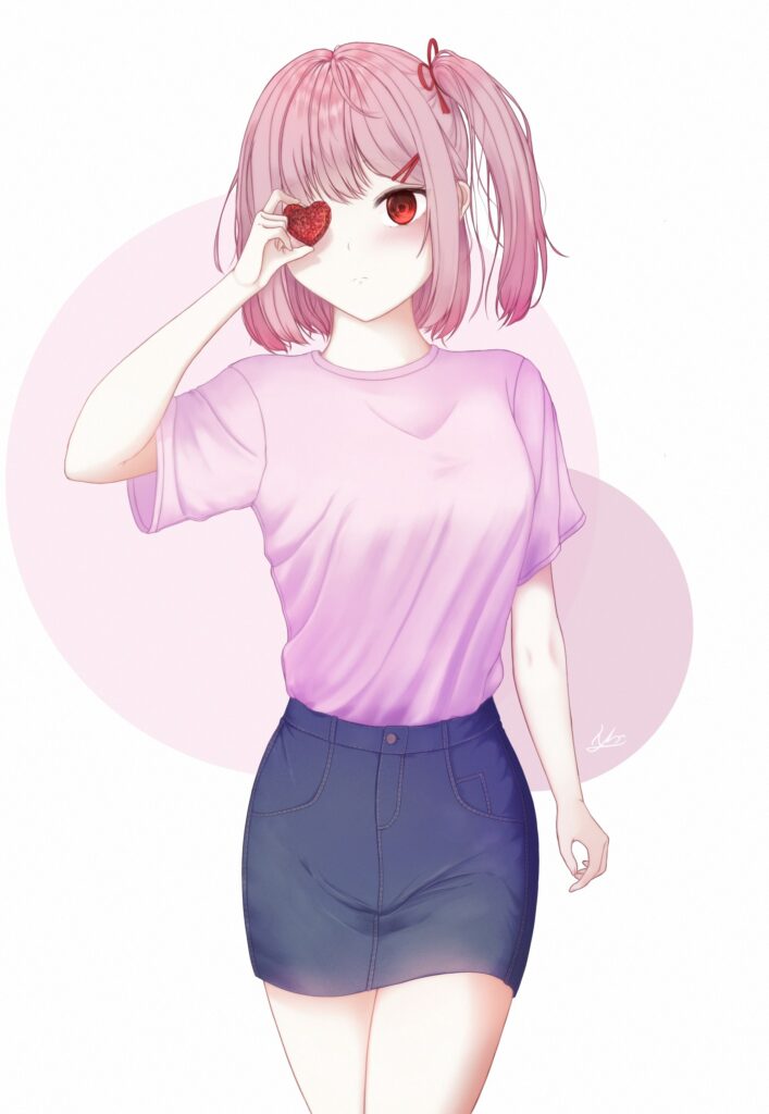 Charming Pink-Haired Anime Girl with Heart in Minimalistic Background Wallpaper