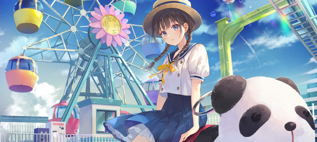 Cheerful Anime Girl Wallpaper: Sailor Outfit & Panda Ride Delight