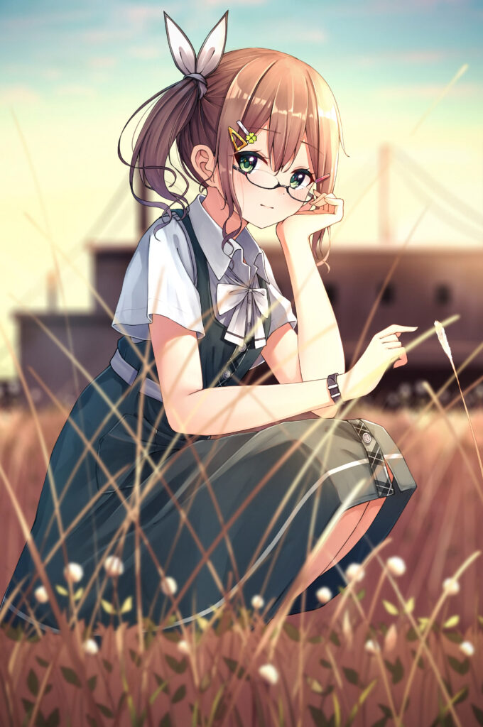 Charming Anime Wallpaper: Girl with Glasses in Serene Field