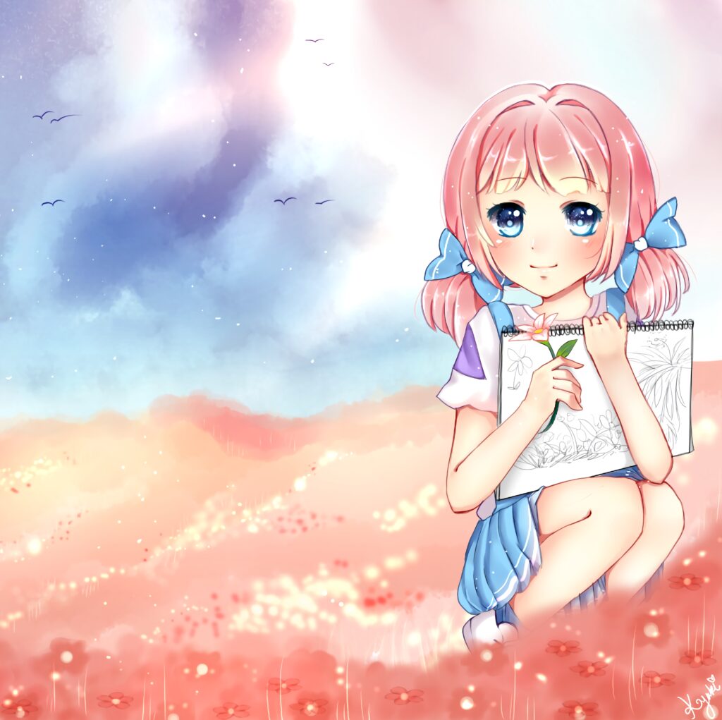 Charming Anime Girl in Pastel Field - Dreamy Art Wallpaper