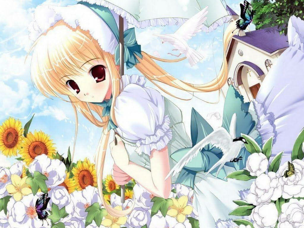 Charming Anime Girl with Umbrella in Flower Field Wallpaper