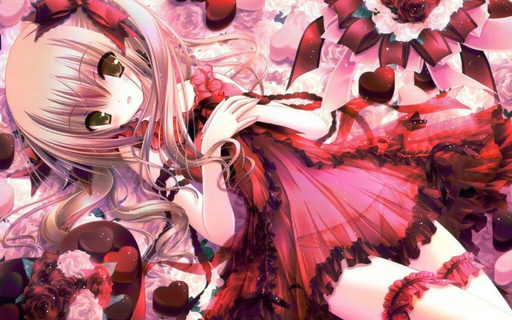 Charming Anime Girl Wallpaper: Whimsical Red & Black Aesthetic