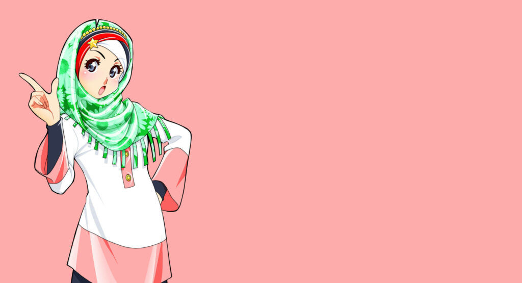 Charming Anime Girl in Hijab: Vibrant Wallpaper Background