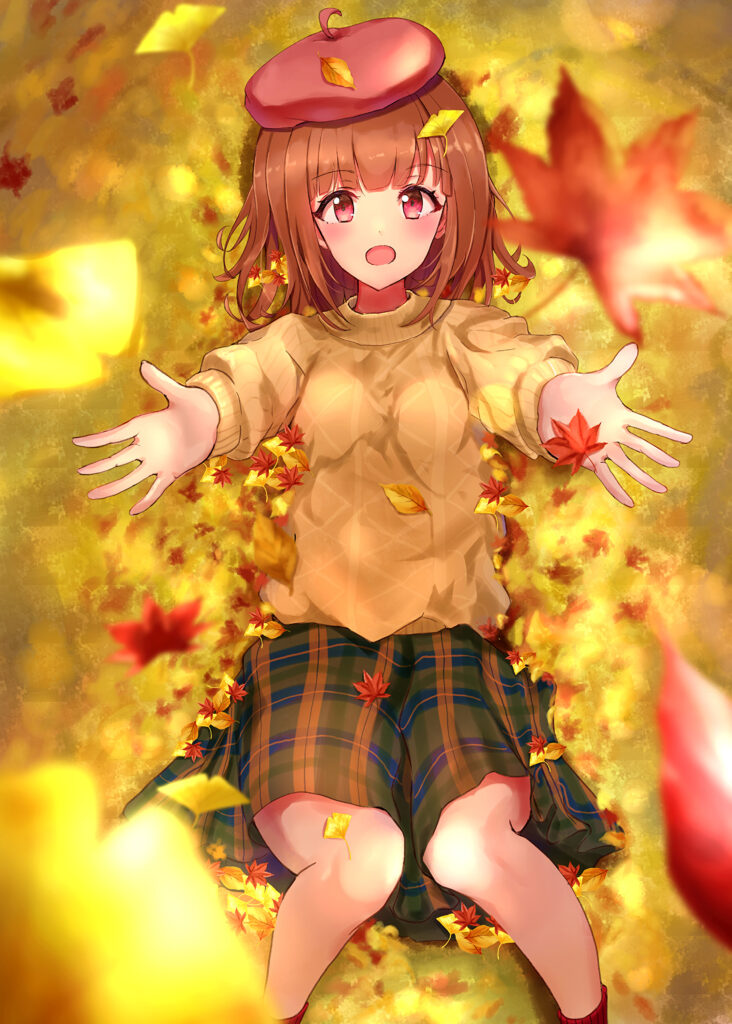 Charming Anime Girl in Cozy Outfit Amidst Colorful Autumn Leaves Wallpaper