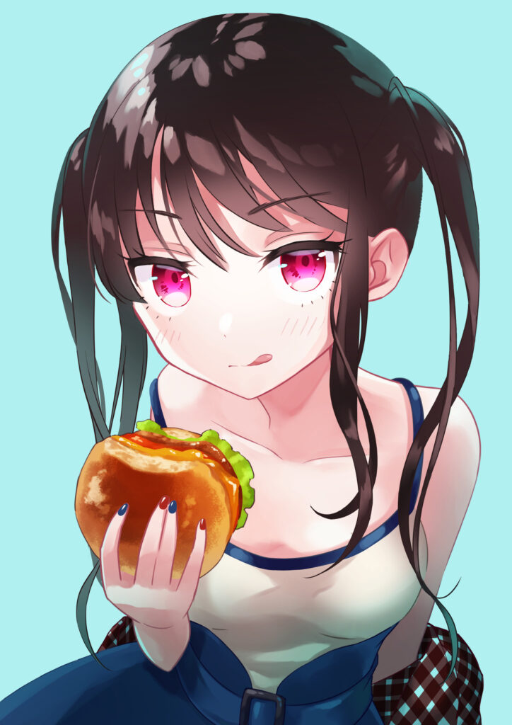 Anime Girl with Red Eyes & Burger - Charming Wallpaper Design