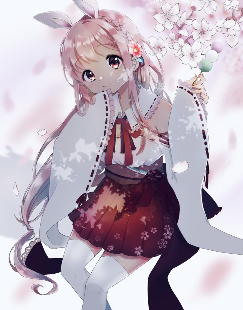 Charming Anime Girl with Sakura & Dango - Serene Wallpaper