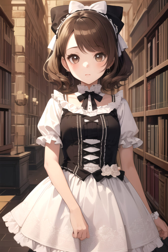 Charming Anime Maid in Library - Serene Wallpaper Art Background