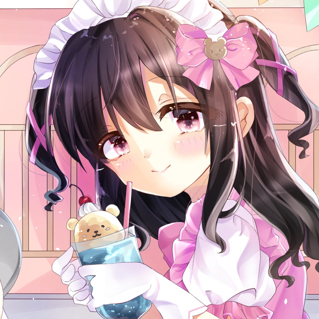 Charming Anime Maid Wallpaper with Blue Cocktail & Bear Decoration
