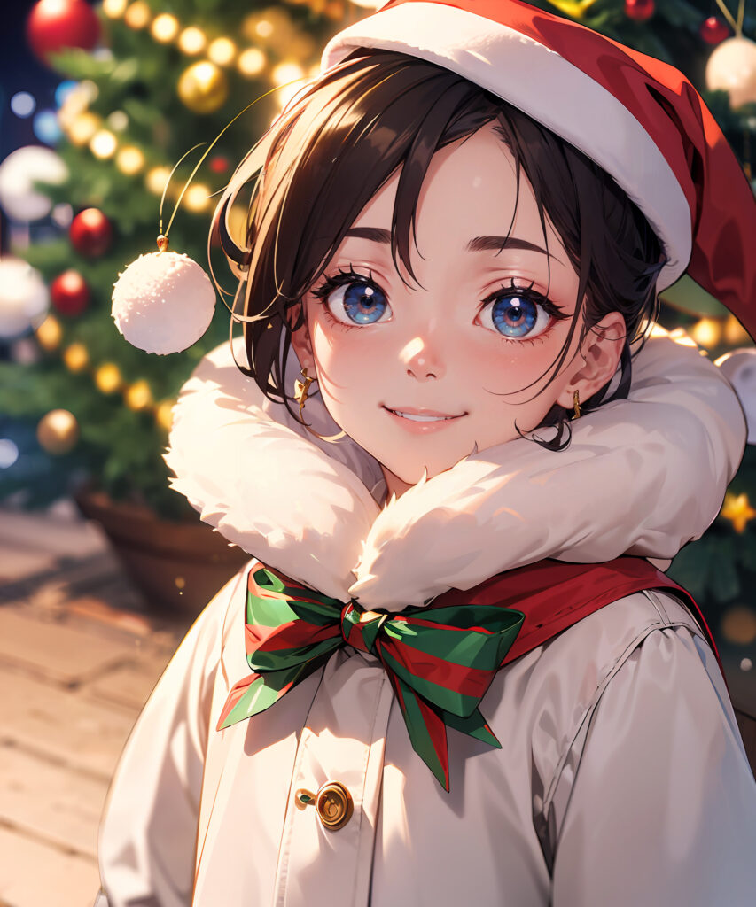 Smiling Anime Girl in Santa Hat by a Festive Christmas Tree Wallpaper