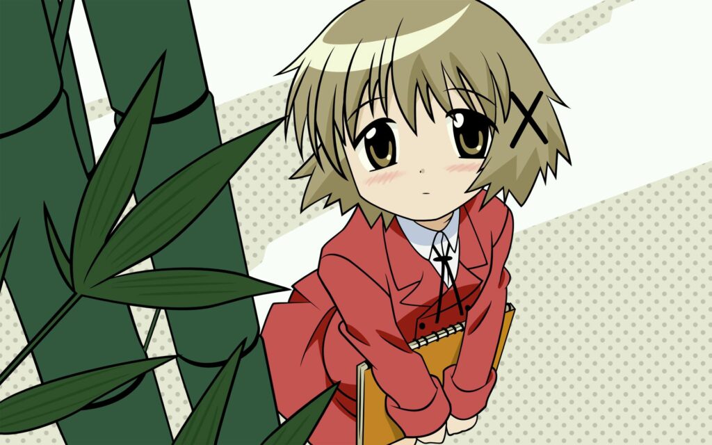 Surprised Blonde Schoolgirl in Anime Wallpaper with Lush Green Background