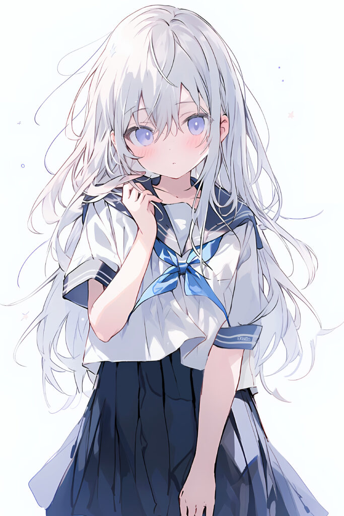 Anime Schoolgirl Wallpaper: Charming Illustration with Long White Hair