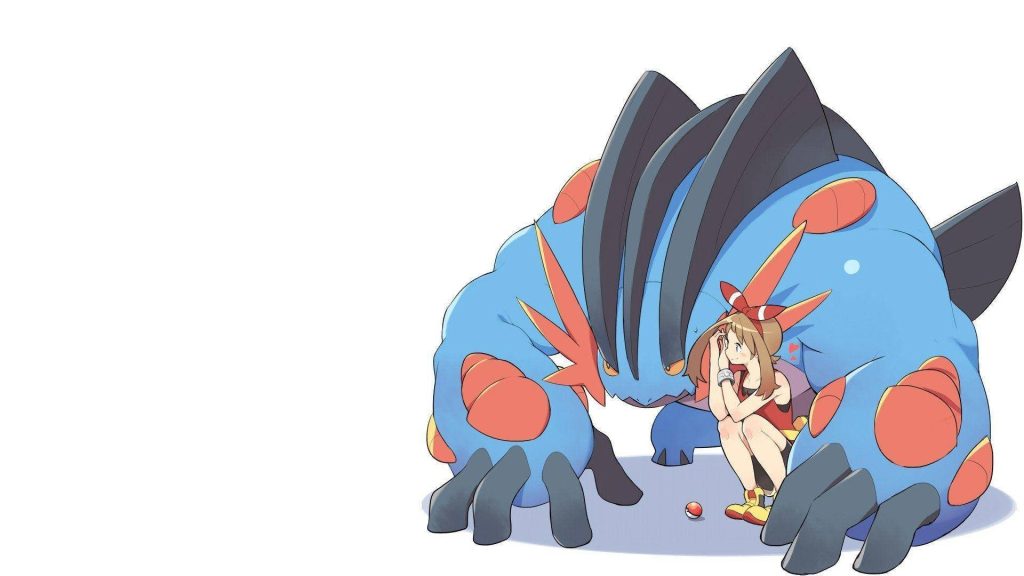 Anime-style illustration of trainer May with powerful Mega Swampert on white background wallpaper