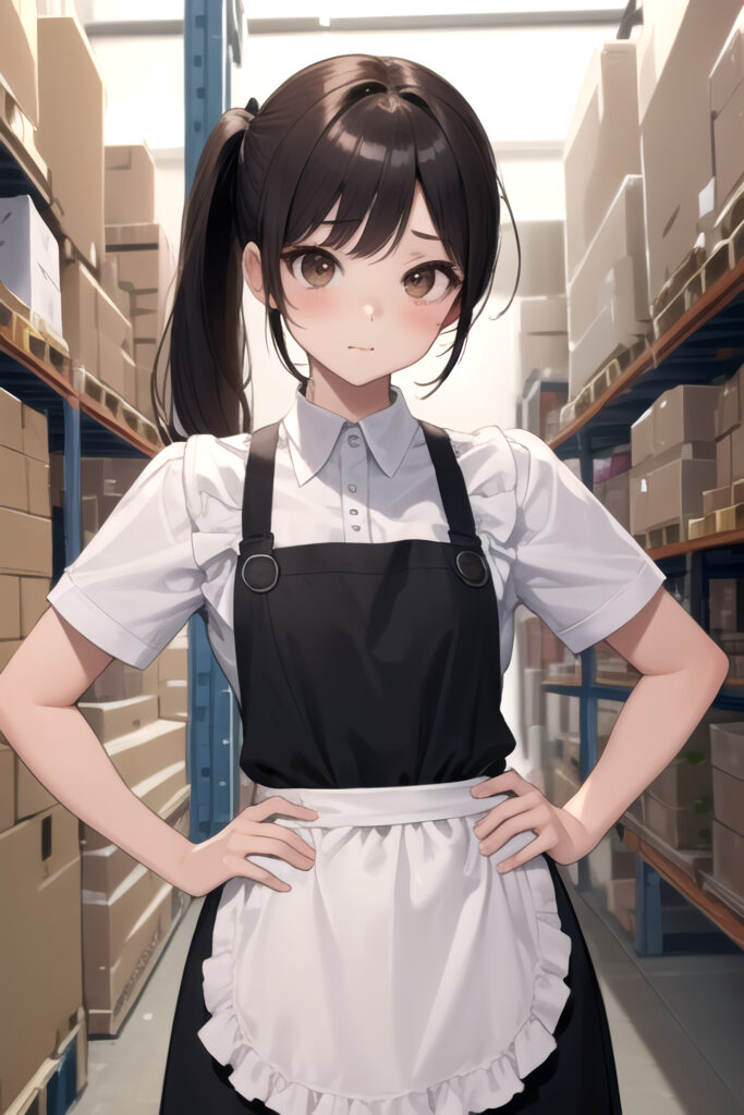 Anime Waitress Charm: Confident Girl in Storeroom Setting Wallpaper