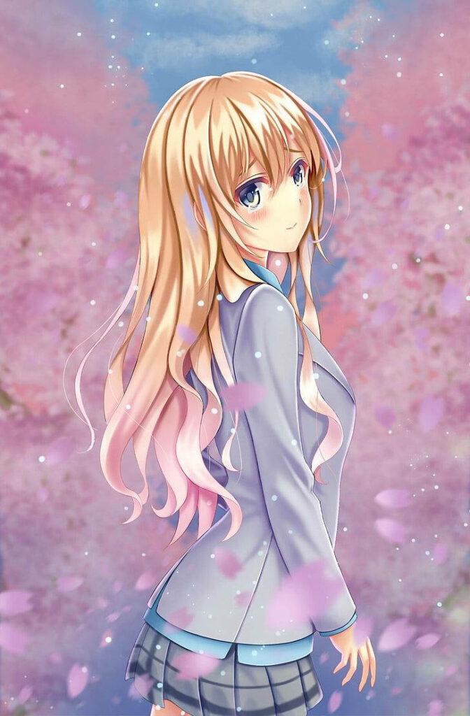 Beautiful Anime Character Wallpaper with Cherry Blossoms & Blue Eyes