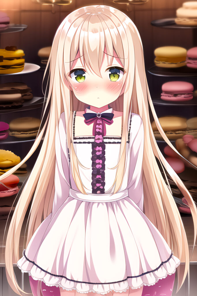 Whimsical Anime Wallpaper: Blushing Girl & Colorful Macarons