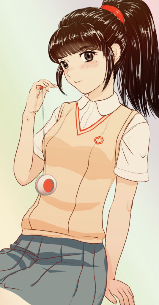 Charming Anime Girl with Yo-Yo: Playful Blush Wallpaper Background