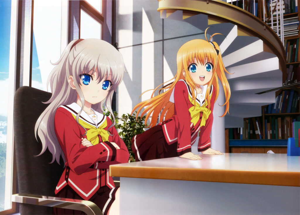 Charming Anime Characters in Cozy Library Wallpaper Background