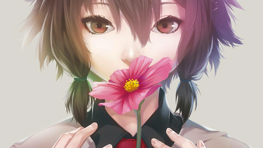 Charming Anime Wallpaper: Cute Character with Pink Flower in Pastel Tones