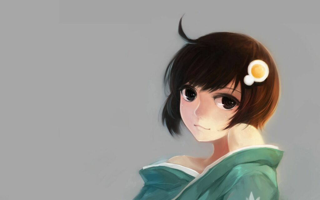 Charming Anime Girl Wallpaper with Warm Smile & Neutral Background